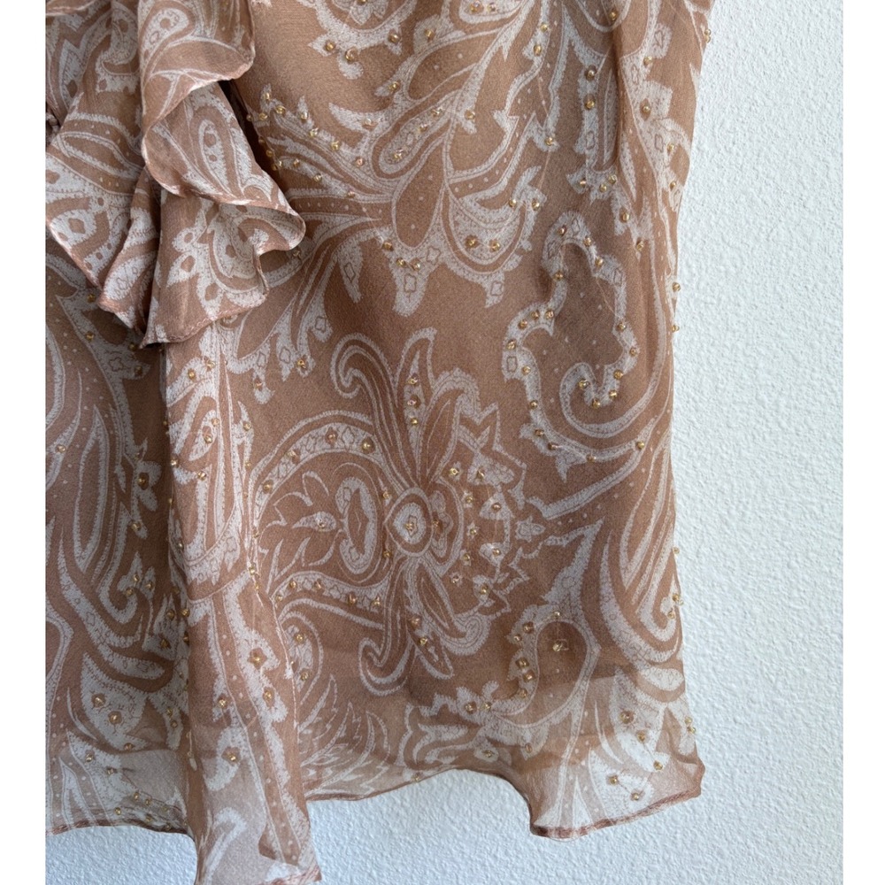 ICE Womens Silk Paisley Beaded Ruffle Tie Front Sleeveless Blouse Tan Cream M - Picture 4 of 5